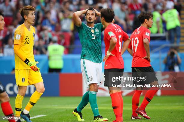 Mats Hummels of Germany reacts during the 2018 FIFA World Cup Russia group F match between Korea Republic and Germany at Kazan Arena on June 27, 2018...