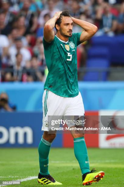 Mats Hummels of Germany reacts during the 2018 FIFA World Cup Russia group F match between Korea Republic and Germany at Kazan Arena on June 27, 2018...