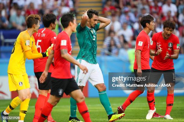 Mats Hummels of Germany reacts during the 2018 FIFA World Cup Russia group F match between Korea Republic and Germany at Kazan Arena on June 27, 2018...