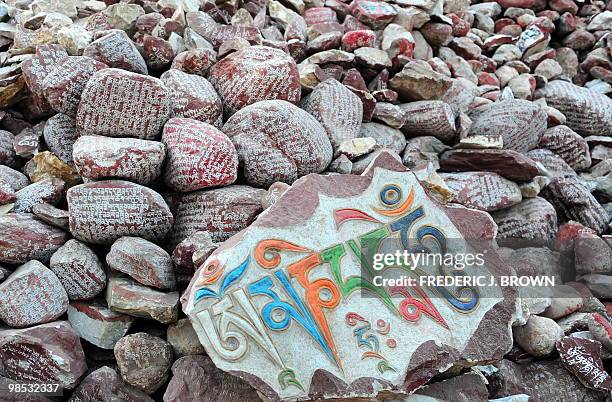 Some of the millions of Mani stones are seen at the City of Mani Stone in Xinzhai Village just outside of Jiegu, Yushu County, on April 18, 2010 in...