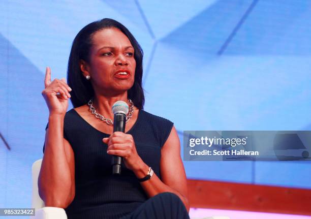 Former Secretary of State Condoleezza Rice speaks on stage during the KPMG Women's Leadership Summit prior to the start of the KPMG Women's PGA...