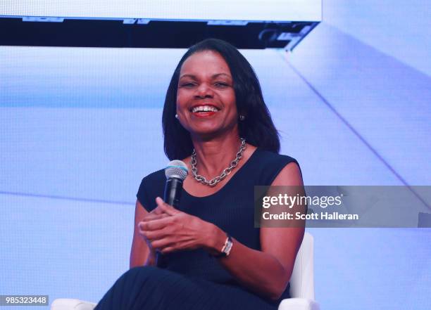 Former Secretary of State Condoleezza Rice speaks on stage during the KPMG Women's Leadership Summit prior to the start of the KPMG Women's PGA...