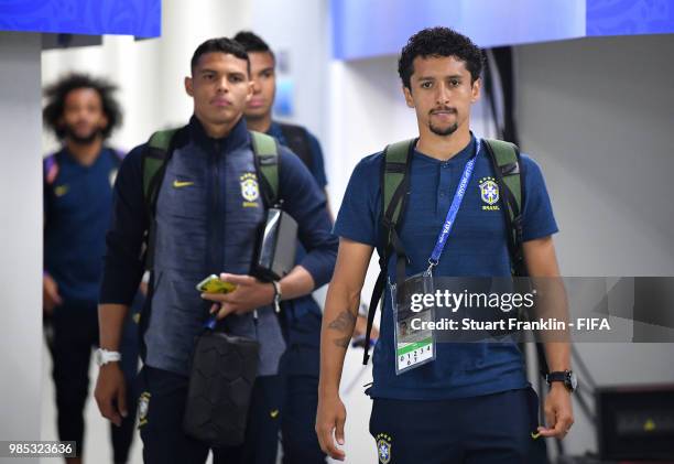 Marquinhos of Brazil arrives at the stadium prior to the 2018 FIFA World Cup Russia group E match between Serbia and Brazil at Spartak Stadium on...