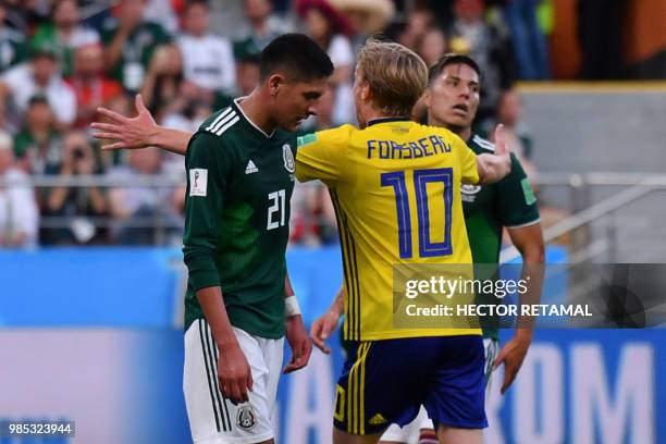 Sweden's midfielder Emil Forsberg celebrates after Mexico's defender Edson Alvarez scored an own goal for 0-3 during the Russia 2018 World Cup Group...