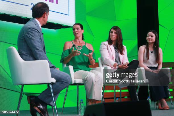 Dan Hicks of NBC Sports chats with Olympians Nancy Kerrigan, Hilary Knight and Maria Shibutani on stage during the KPMG Women's Leadership Summit...