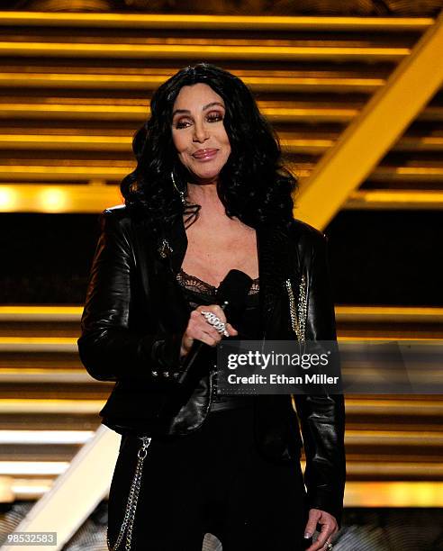 Singer Cher speaks onstage during the 45th Annual Academy of Country Music Awards at the MGM Grand Garden Arena on April 18, 2010 in Las Vegas,...
