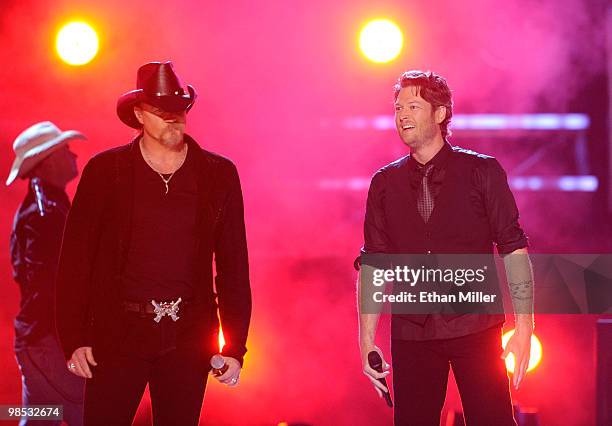 Musicians Trace Adkins and Blake Shelton perform onstage during the 45th Annual Academy of Country Music Awards at the MGM Grand Garden Arena on...