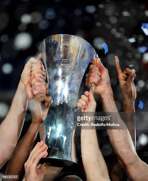 Players of Power Electronics Valencia celebrates with the Trophy during the Champion Award Ceremony at Fernando Buesa Arena on April 18, 2010 in...