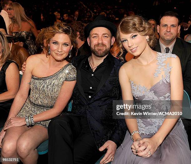 Musicians Jennifer Nettles and Kristian Bush of the band Sugarland with singer Taylor Swift in the audience during the 45th Annual Academy of Country...