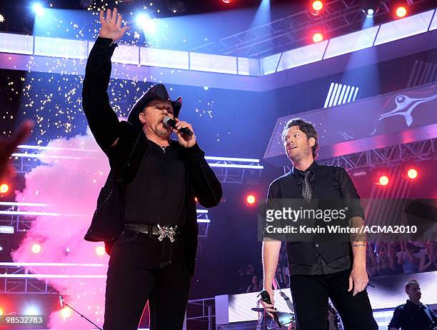 Musicians Trace Adkins and Blake Shelton perform onstage during the 45th Annual Academy of Country Music Awards at the MGM Grand Garden Arena on...