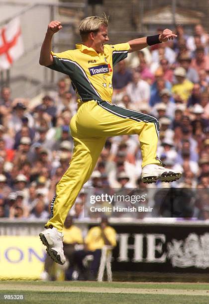 Brett Lee of Australia celebrates after taking the wicket of Alec Stewart of England, caught by Michael Bevan for 22, during the One Day...