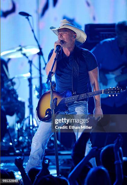 Musician Kenny Chesney performs onstage during the 45th Annual Academy of Country Music Awards at the MGM Grand Garden Arena on April 18, 2010 in Las...