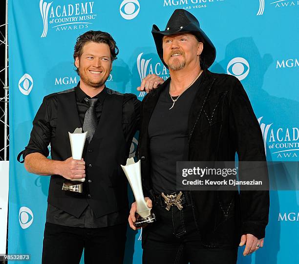 Musicians Blake Shelton and Trace Adkins, winners of Vocal Event of the Year pose in the press room during the 45th Annual Academy of Country Music...