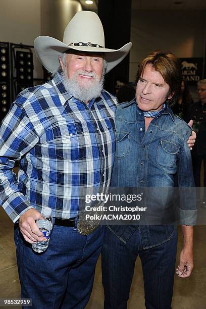 Musicians Charlie Daniels and John Fogerty pose backstage at the 45th Annual Academy of Country Music Awards at the MGM Grand Garden Arena on April...