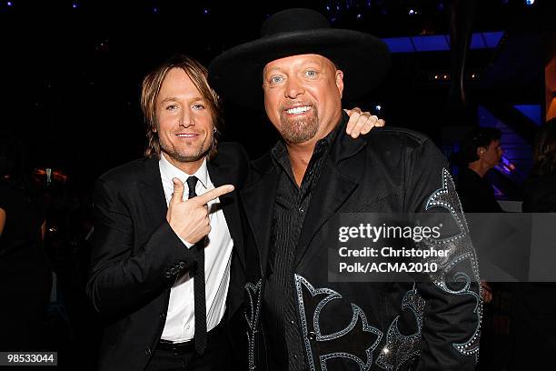 Musicians Keith Urban and Trace Adkins pose backstage at the 45th Annual Academy of Country Music Awards at the MGM Grand Garden Arena on April 18,...