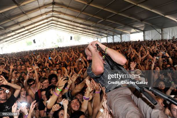 Singer Paul Meany of the band Mutemath performs during day 3 of the Coachella Valley Music & Art Festival 2010 held at The Empire Polo Club on April...