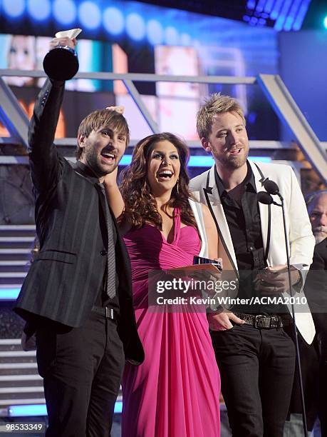 Musicians Dave Haywood, Hillary Scott, and Charles Kelley of the band Lady Antebellum accept the Song Of The Year award onstage during the 45th...