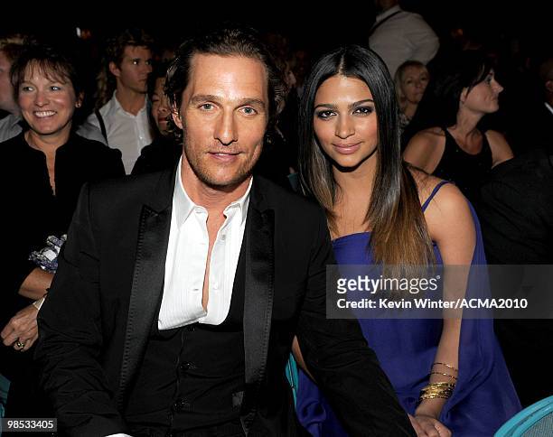Actor Matthew McConaughey and Camila Alves pose in the audience during the 45th Annual Academy of Country Music Awards at the MGM Grand Garden Arena...
