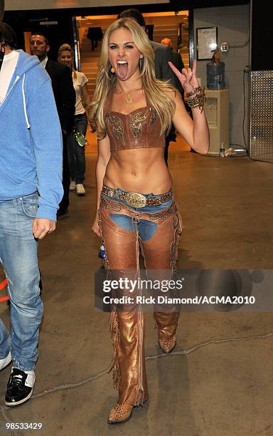 Singer Laura Bell Bundy poses backstage at the 45th Annual Academy of Country Music Awards at the MGM Grand Garden Arena on April 18, 2010 in Las...