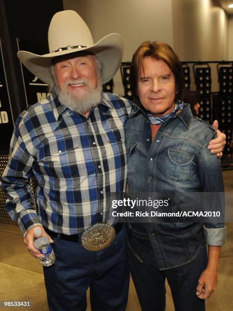 Musicians Charlie Daniels and John Fogerty backstage at the 45th Annual Academy of Country Music Awards at the MGM Grand Garden Arena on April 18,...