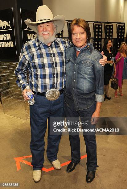 Musicians Charlie Daniels and John Fogerty backstage at the 45th Annual Academy of Country Music Awards at the MGM Grand Garden Arena on April 18,...