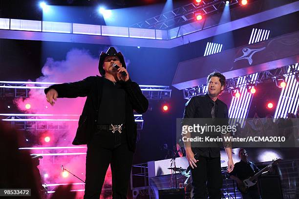 Musicians Trace Adkins and Blake Shelton perform onstage during the 45th Annual Academy of Country Music Awards at the MGM Grand Garden Arena on...