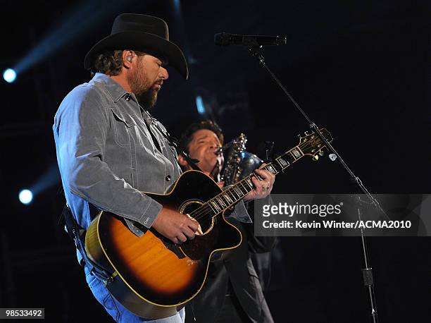 Musician Toby Keith performs onstage during the 45th Annual Academy of Country Music Awards at the MGM Grand Garden Arena on April 18, 2010 in Las...