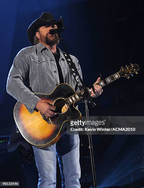 Musician Toby Keith performs onstage during the 45th Annual Academy of Country Music Awards at the MGM Grand Garden Arena on April 18, 2010 in Las...