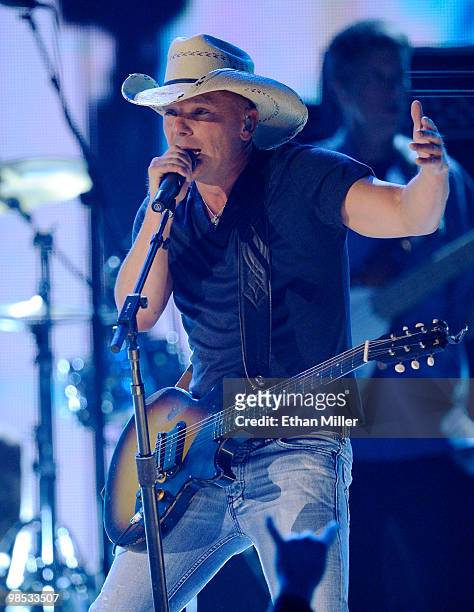 Musician Kenny Chesney performs onstage during the 45th Annual Academy of Country Music Awards at the MGM Grand Garden Arena on April 18, 2010 in Las...