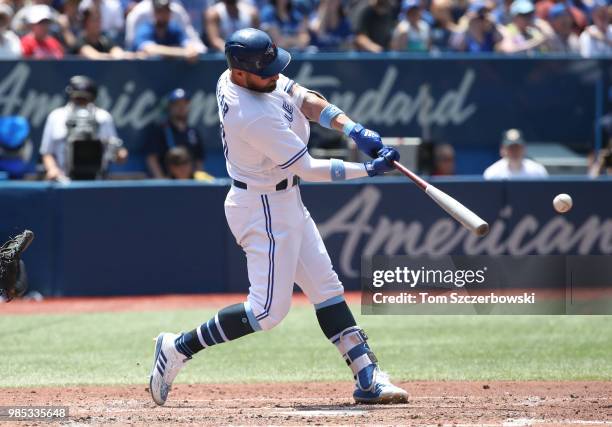 Kevin Pillar of the Toronto Blue Jays hits an RBI double in the third inning during MLB game action against the Washington Nationals at Rogers Centre...
