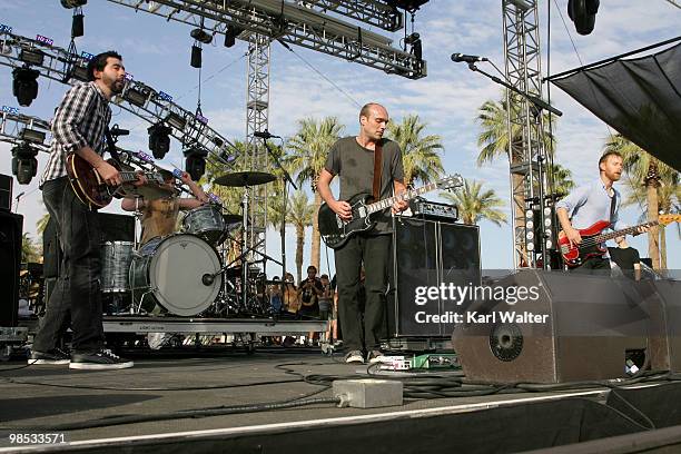 Musicians Dan Hoerner, William Goldsmith, Jeremy Enigk and Nate Mendel of the band Sunny Day Real Estate perform during day three of the Coachella...