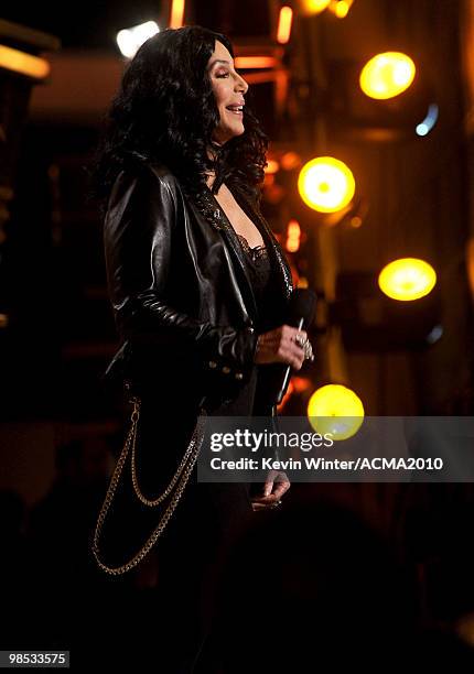 Singer Cher speaks onstage during the 45th Annual Academy of Country Music Awards at the MGM Grand Garden Arena on April 18, 2010 in Las Vegas,...