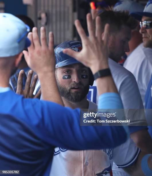 Kevin Pillar of the Toronto Blue Jays is congratulated by teammates in the dugout after scoring a run in the seventh inning during MLB game action...