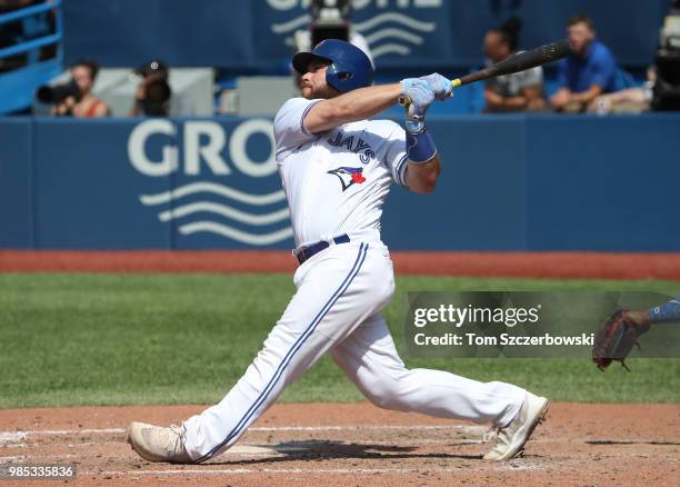 Russell Martin of the Toronto Blue Jays bats in the seventh inning during MLB game action against the Washington Nationals at Rogers Centre on June...