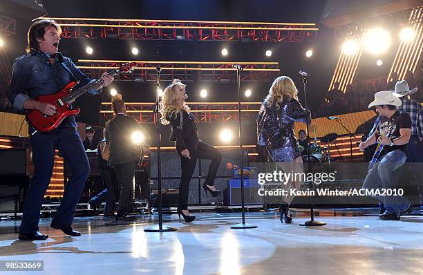 Musician John Fogerty, singers Miranda Lambert, Carrie Underwood, and musician Brad Paisley perform onstage during the 45th Annual Academy of Country...