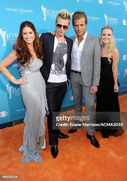 Singers Rachel Reinert, Mike Gossin,Tom Gossin and Cheyenne Kimball of Gloriana pose backstage at the 45th Annual Academy of Country Music Awards at...