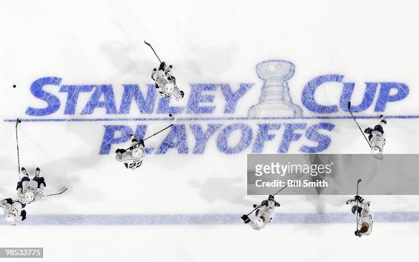 The Nashville Predators warm up before Game Two of the Western Conference Quarterfinals against the Chicago Blackhawks, during the 2010 NHL Stanley...