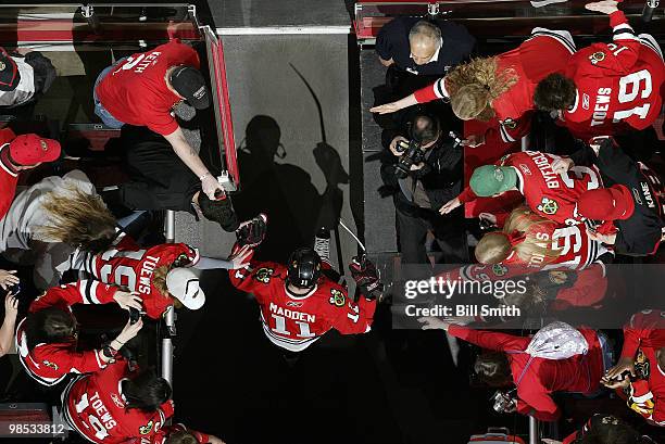 John Madden of the Chicago Blackhawks walks out to the ice before Game Two of the Western Conference Quarterfinals against the Nashville Predators...