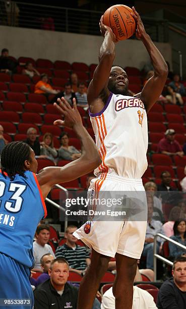 Denham Brown of the Iowa Energy shoots over Larry Owens of the Tulsa 66ers in the second half of Game Two of their semi-final round series in the NBA...