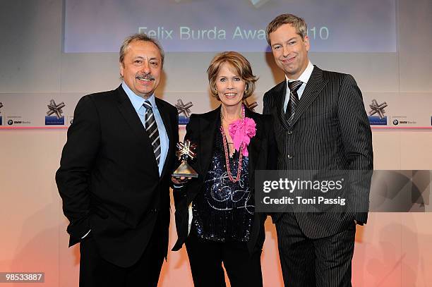 Dr. Christa Maar and Thomas Hermanns with Wolfgang Stumph attend the 'Felix Burda Award' at hotel Adlon on April 18, 2010 in Berlin, Germany.