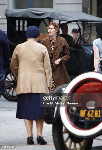 Actress Kate Winslet is seen working on the set of the HBO Miniseries "Mildred Pierce" on location in midtown Manhattan on April 18, 2010 in New...
