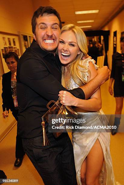 Musician Luke Bryan and performer Laura Bell Bundy backstage at the 45th Annual Academy of Country Music Awards at the MGM Grand Garden Arena on...