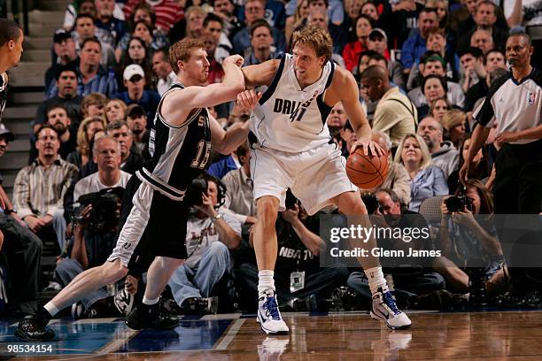 Dirk Nowitzki of the Dallas Mavericks posts up against Matt Bonner of the San Antonio Spurs in Game One of the Western Conference Quarterfinals...
