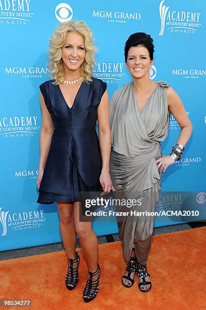 Musicians Kimberly Roads Schlapman and Karen Fairchild of Little Big Town arrive for the 45th Annual Academy of Country Music Awards at the MGM Grand...