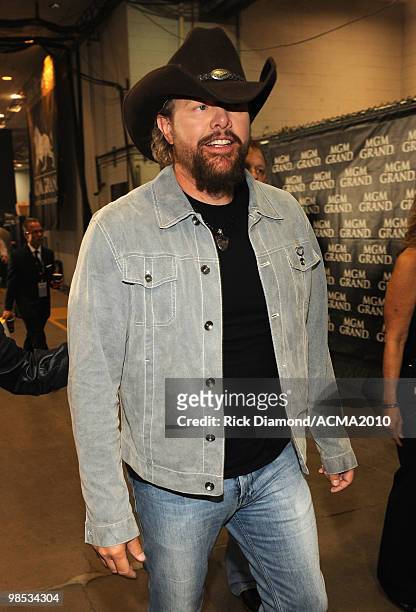 Musician Toby Keith backstage at the 45th Annual Academy of Country Music Awards at the MGM Grand Garden Arena on April 18, 2010 in Las Vegas, Nevada.