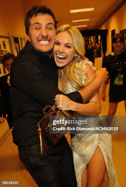 Musician Luke Bryan and performer Laura Bell Bundy backstage at the 45th Annual Academy of Country Music Awards at the MGM Grand Garden Arena on...