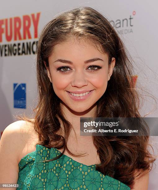 Actress Sarah Hyland arrives at the premiere of Summit Entertainment and Participant Media's "Furry Vengeance" at the Bruin Theatre on April 18, 2010...