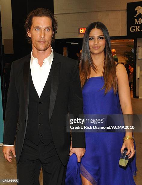Actor Matthew McConaughey and girlfriend Camila Alves backstage at the 45th Annual Academy of Country Music Awards at the MGM Grand Garden Arena on...