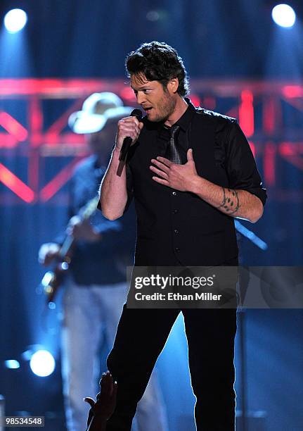 Musician Blake Shelton performs onstage during the 45th Annual Academy of Country Music Awards at the MGM Grand Garden Arena on April 18, 2010 in Las...