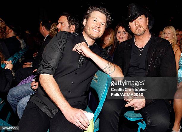 Blake Shelton and Trace Adkins pose at the 45th Annual Academy of Country Music Awards at the MGM Grand Garden Arena on April 18, 2010 in Las Vegas,...